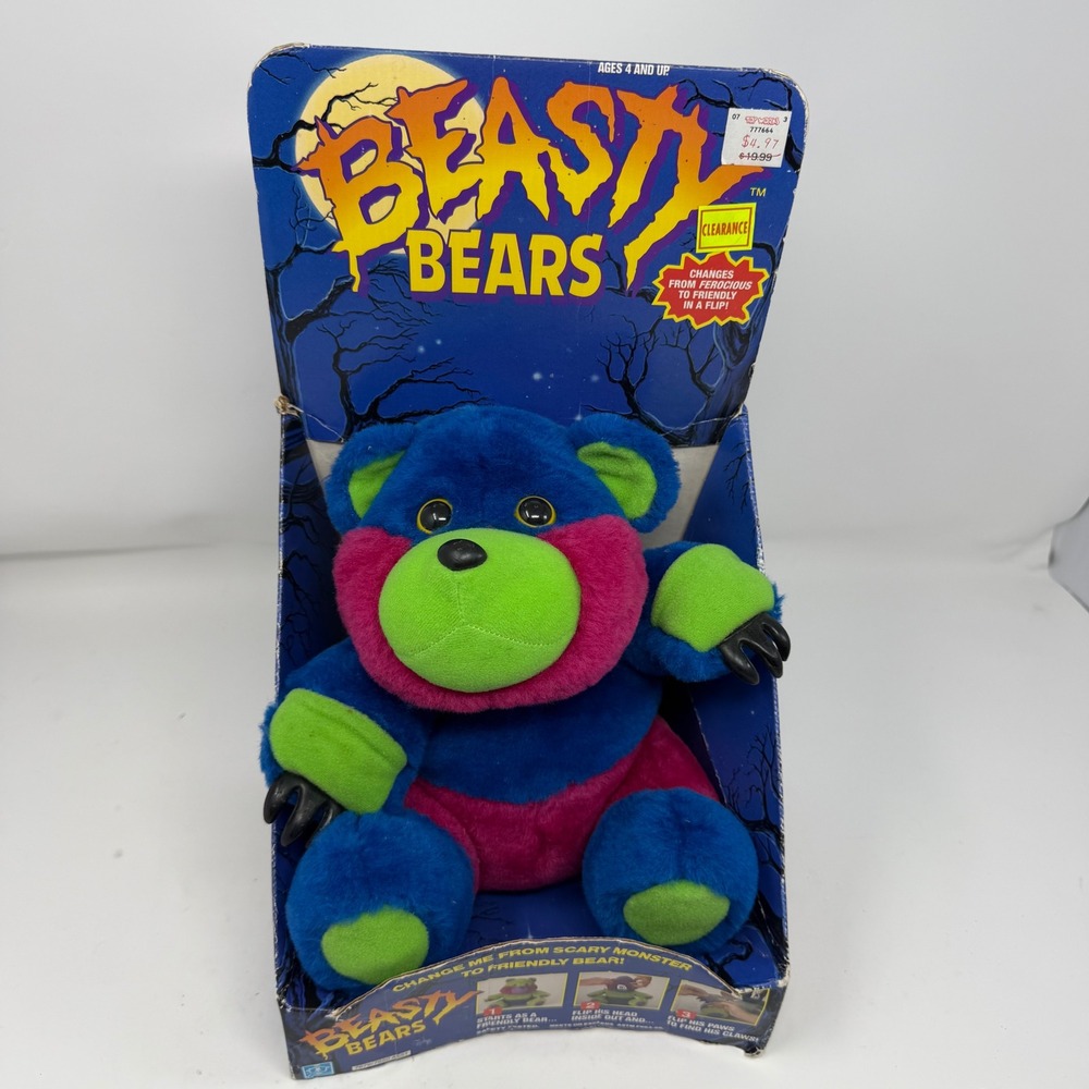 Vintage 1991 Tonka Beasty Bears Snarly Reversible Monster Plush Toy Hasbro Boxed
